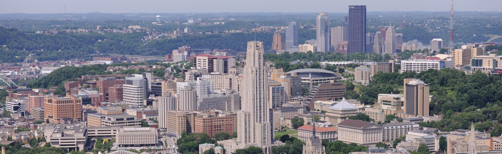 Aerial shot of Oakland at the University of Pittsburgh.